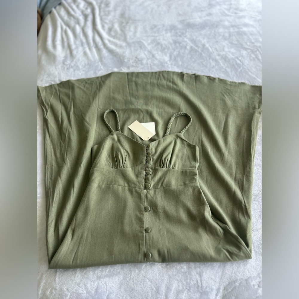 NWT Monteau linen blend Maxi Dress, olive green button down, size XS - Picture 4 of 5